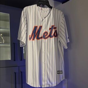 Majestic White Jersey with Blue Stripes and Orange Logo